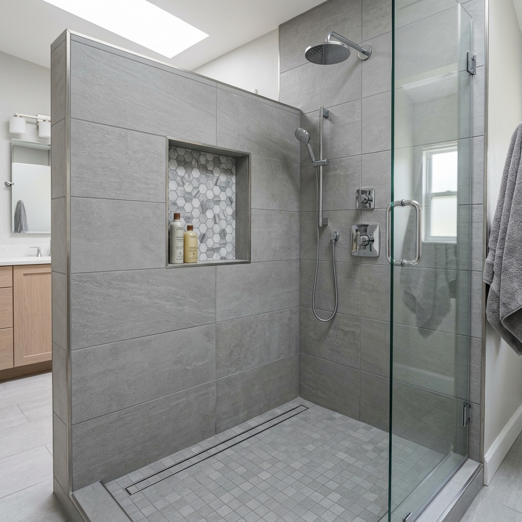 Completed shower tile installation with Schluter-KERDI waterproofing and porcelain tile, Jensen Beach