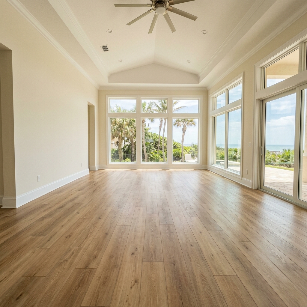 Completed luxury vinyl plank flooring installation in Port Saint Lucie home, Vero Beach