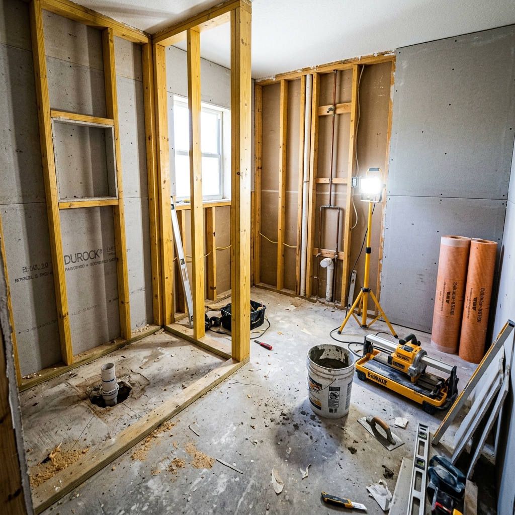 Bathroom gut-out with exposed studs and substrate during Schluter-KERDI waterproofing installation