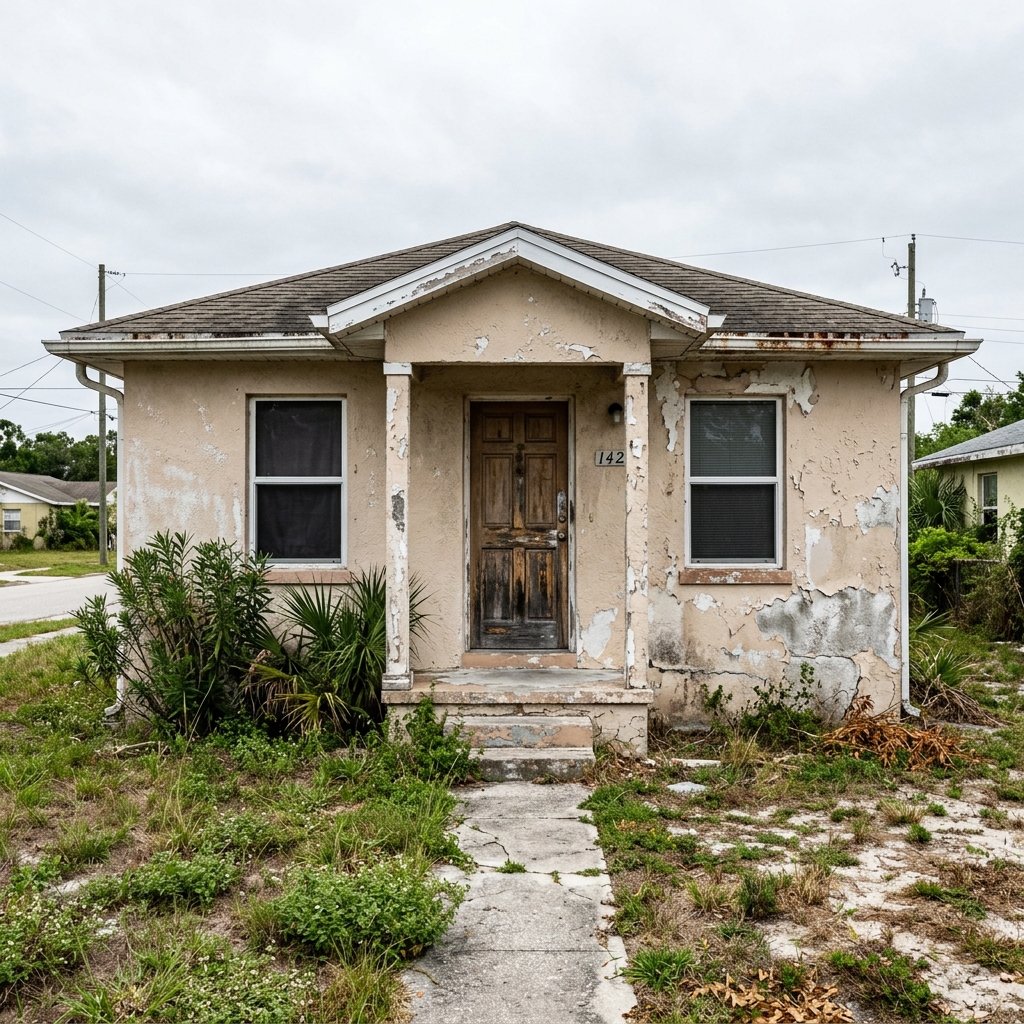 Chalky weathered stucco exterior of Florida home before Sherwin-Williams Emerald painting
