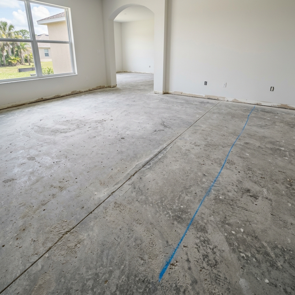 Raw concrete slab before LVP flooring installation in Port Saint Lucie home