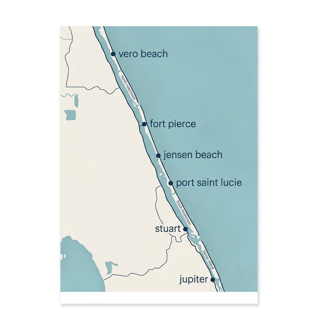 Map of Florida's Treasure Coast service area including Port Saint Lucie, Stuart, Jensen Beach, Fort Pierce, Vero Beach, Tradition, and Jupiter